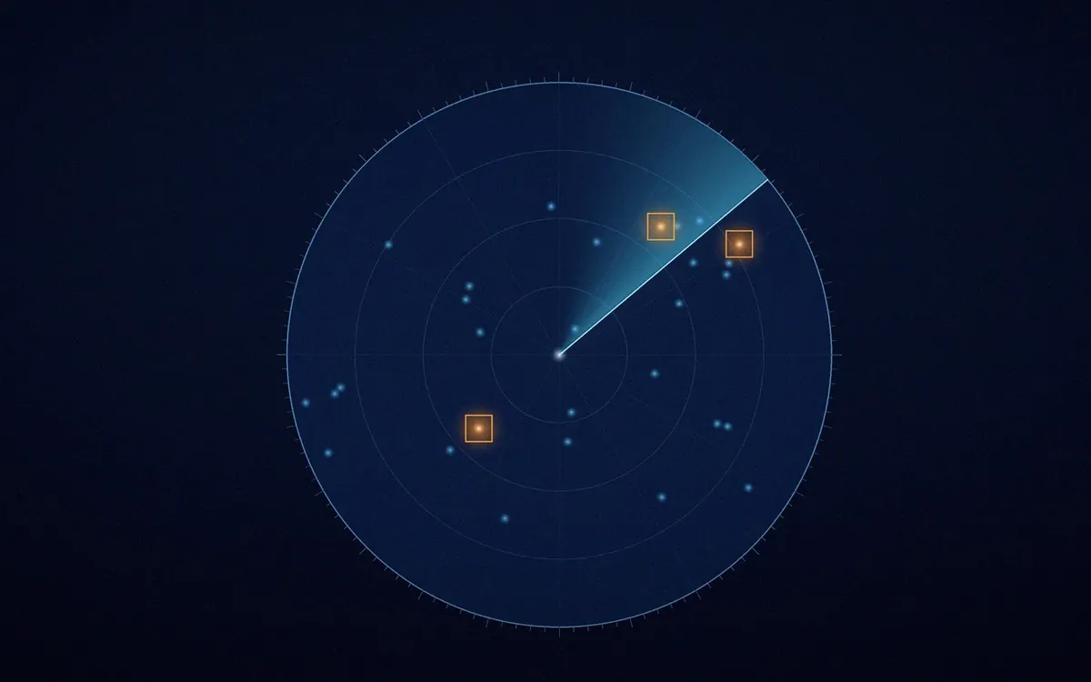 Threat detection radar with normal signals in blue and three flagged threats in orange