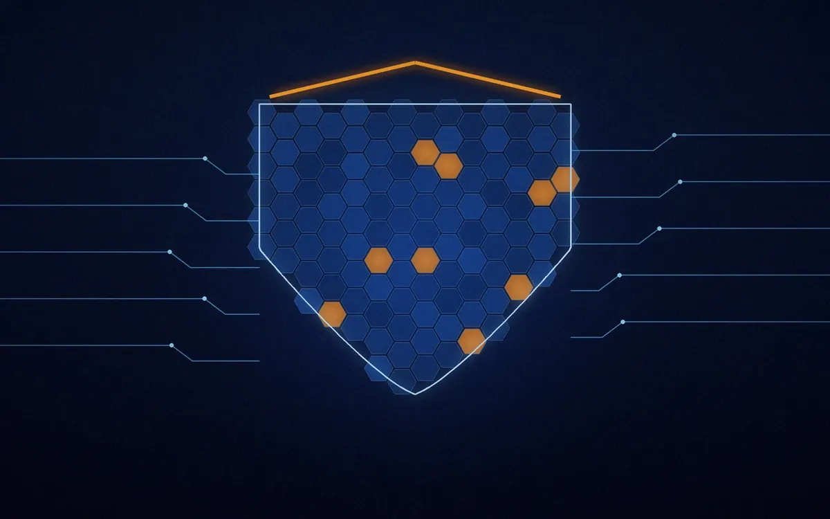 A digital shield of hexagonal cells fed by circuit traces, with an orange chevron